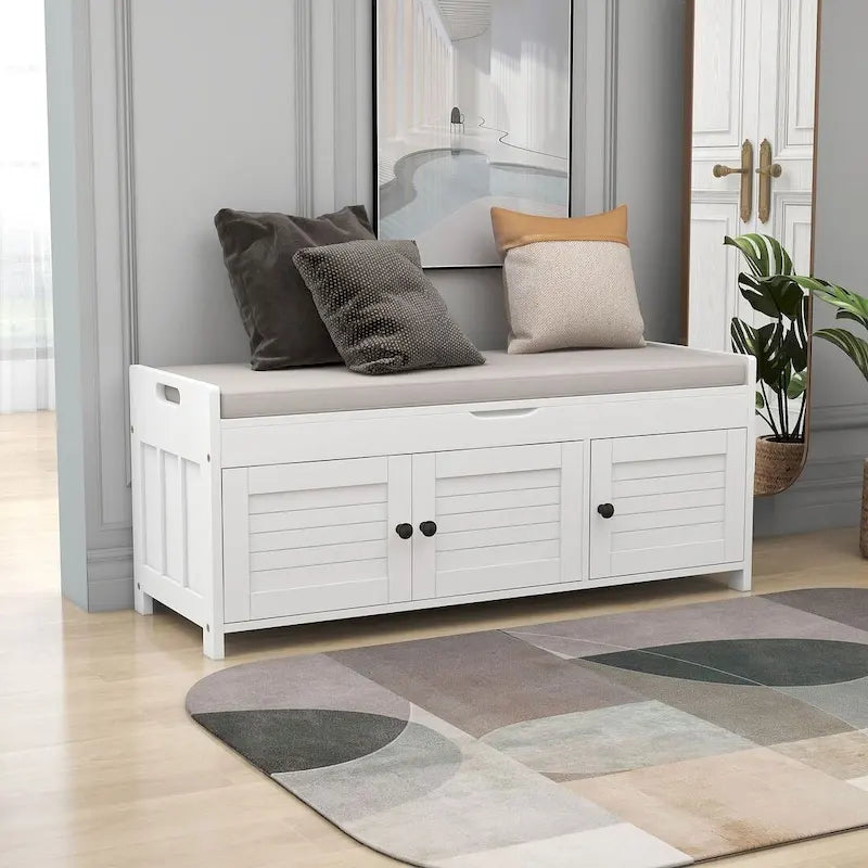 3-Door Upholstered Shoe Bench with Removable Cushion and Hidden Storage
