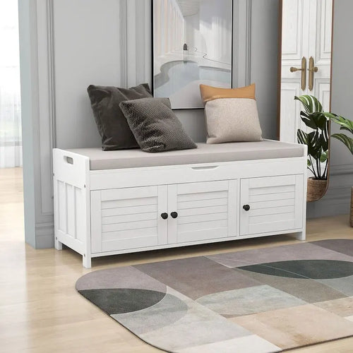 3-Door Upholstered Shoe Bench with Removable Cushion and Hidden Storage