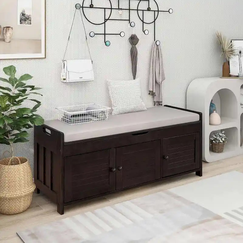 3-Door Upholstered Shoe Bench with Removable Cushion and Hidden Storage