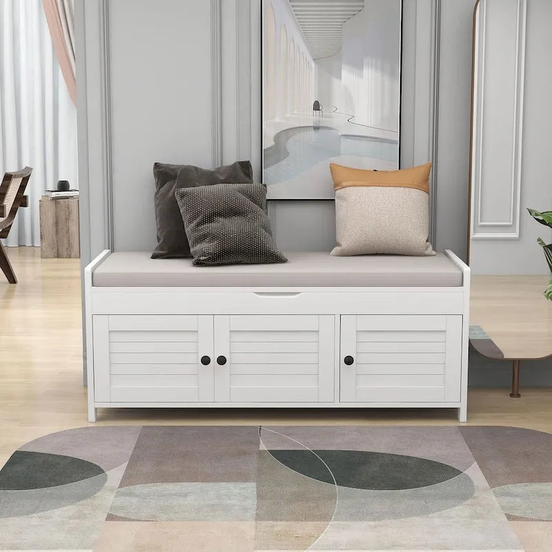 3-Door Upholstered Shoe Bench with Removable Cushion and Hidden Storage