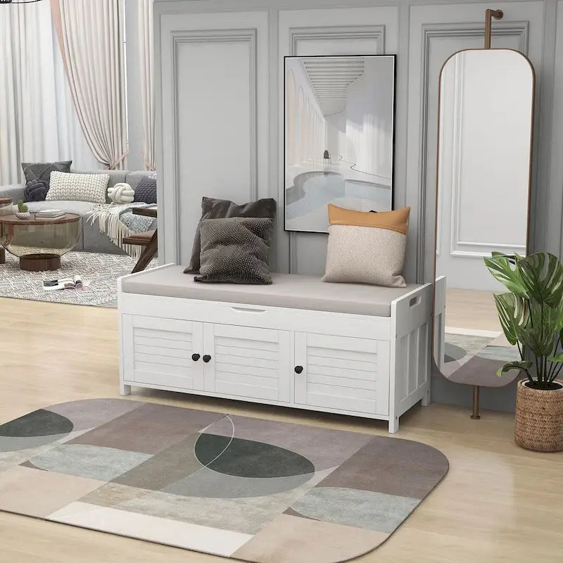 3-Door Upholstered Shoe Bench with Removable Cushion and Hidden Storage