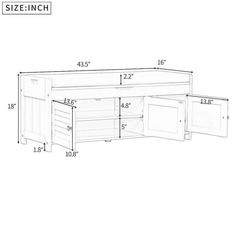 3-Door Upholstered Shoe Bench with Removable Cushion and Hidden Storage