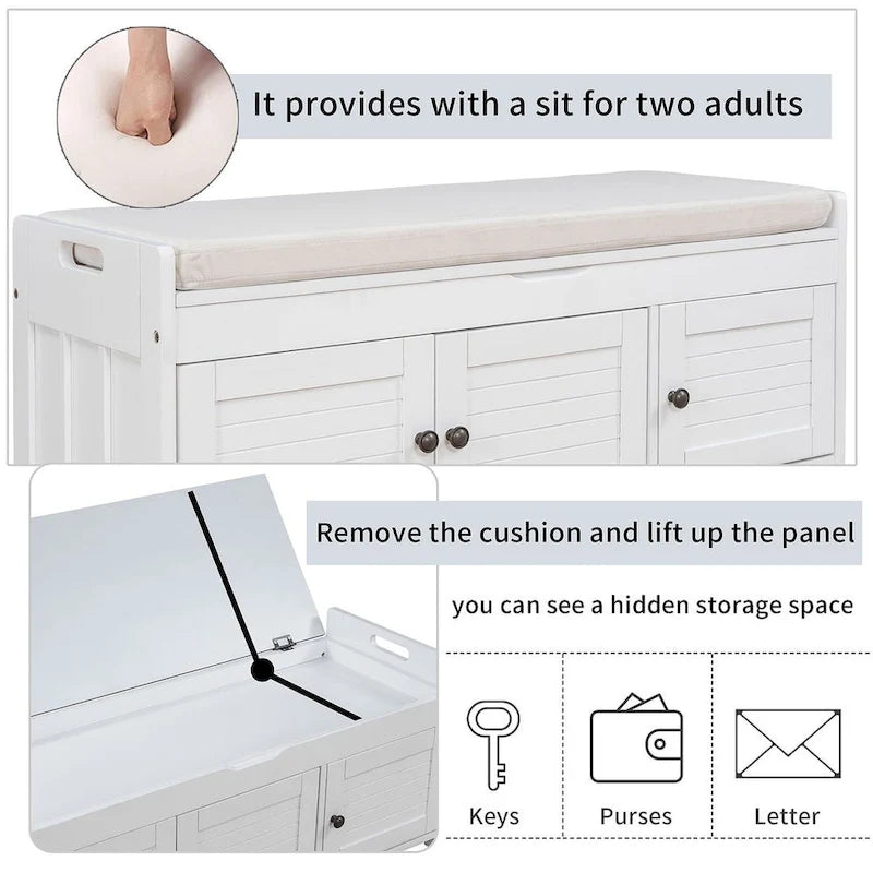 3-Door Upholstered Shoe Bench with Removable Cushion and Hidden Storage