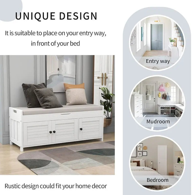 3-Door Upholstered Shoe Bench with Removable Cushion and Hidden Storage