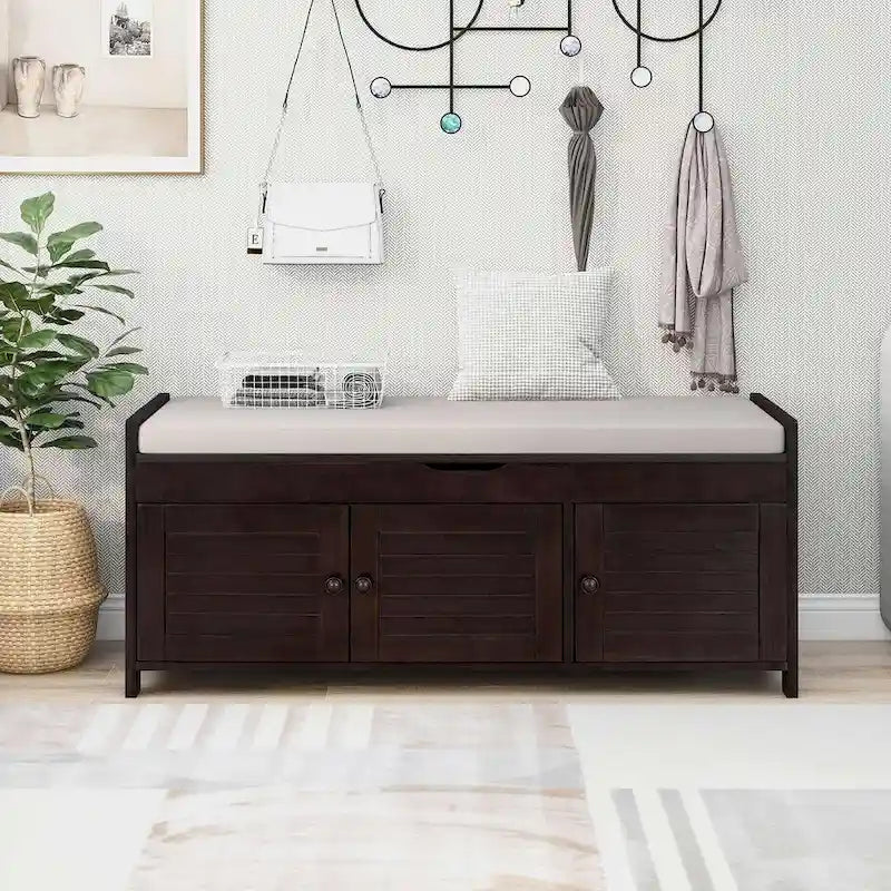 3-Door Upholstered Shoe Bench with Removable Cushion and Hidden Storage