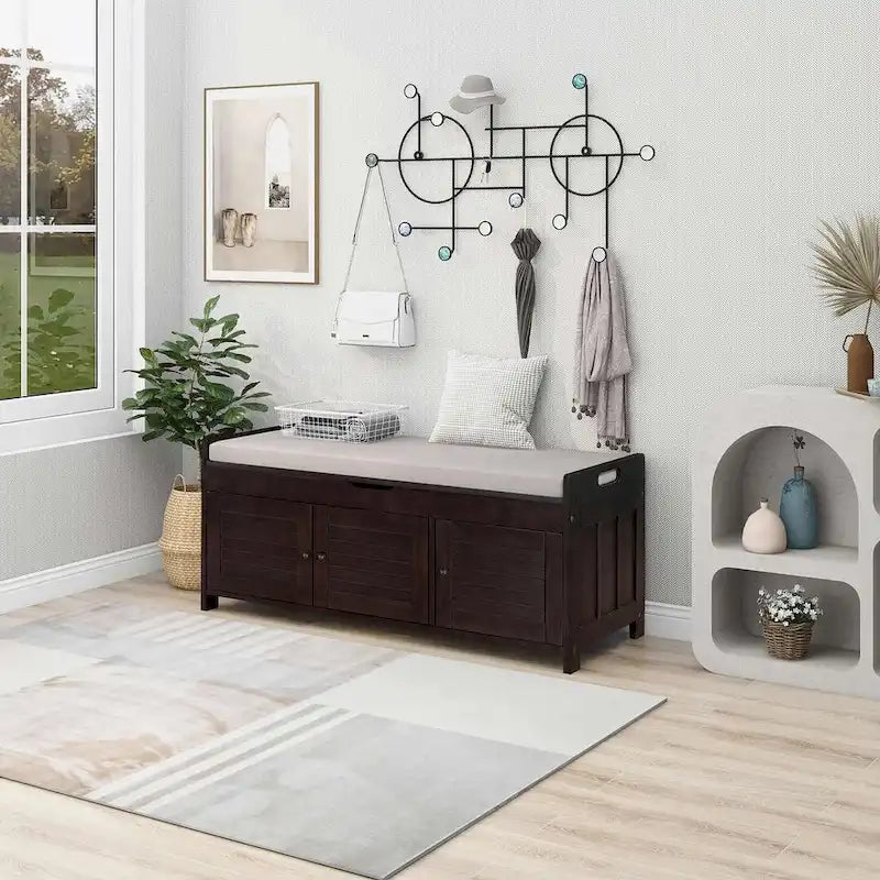 3-Door Upholstered Shoe Bench with Removable Cushion and Hidden Storage