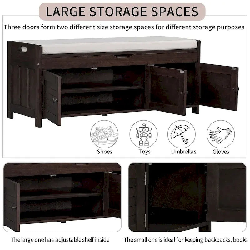 3-Door Upholstered Shoe Bench with Removable Cushion and Hidden Storage