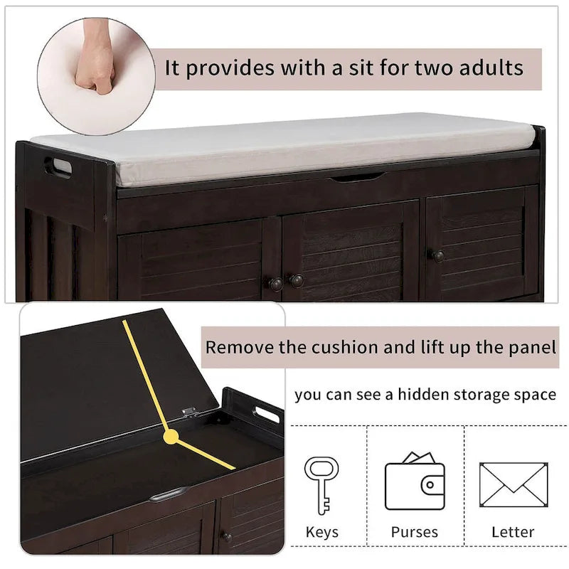 3-Door Upholstered Shoe Bench with Removable Cushion and Hidden Storage