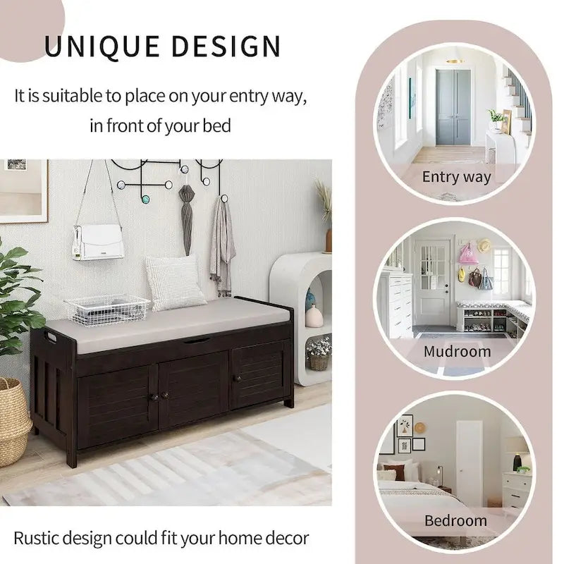 3-Door Upholstered Shoe Bench with Removable Cushion and Hidden Storage