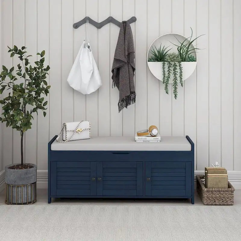 3-Door Upholstered Shoe Bench with Removable Cushion and Hidden Storage