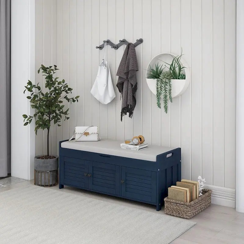 3-Door Upholstered Shoe Bench with Removable Cushion and Hidden Storage