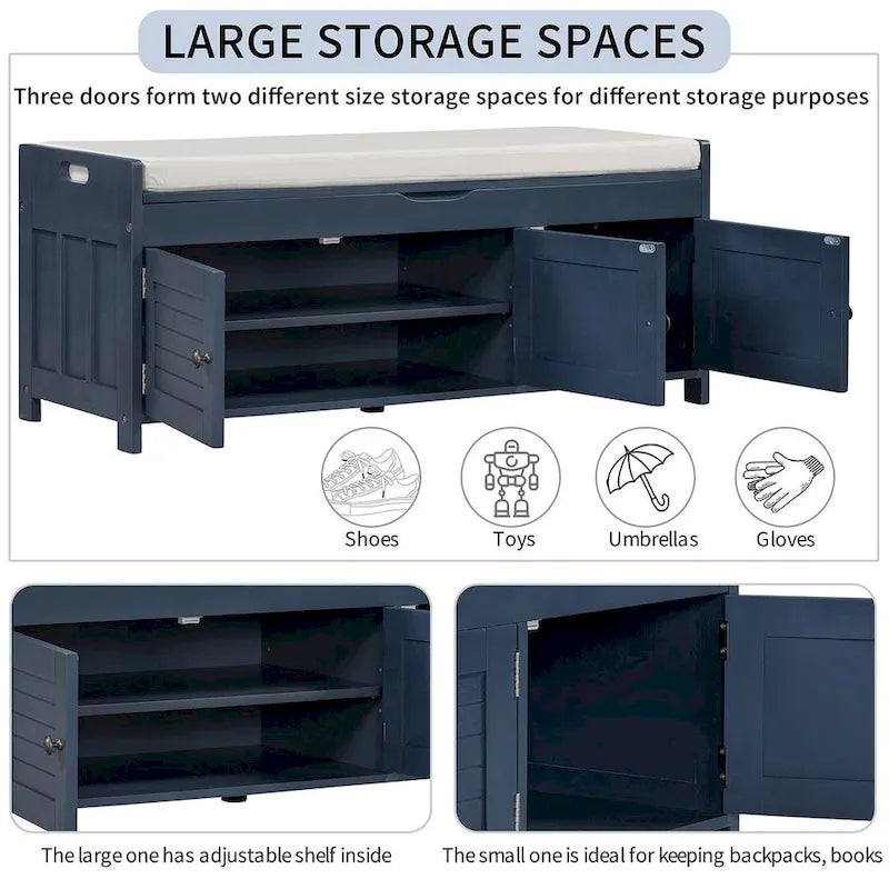 3-Door Upholstered Shoe Bench with Removable Cushion and Hidden Storage