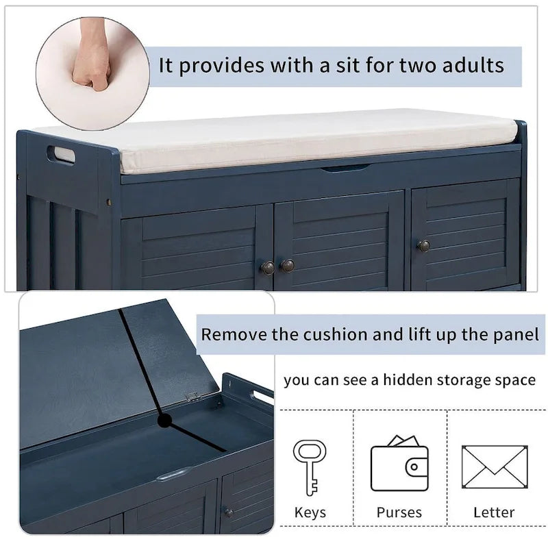 3-Door Upholstered Shoe Bench with Removable Cushion and Hidden Storage