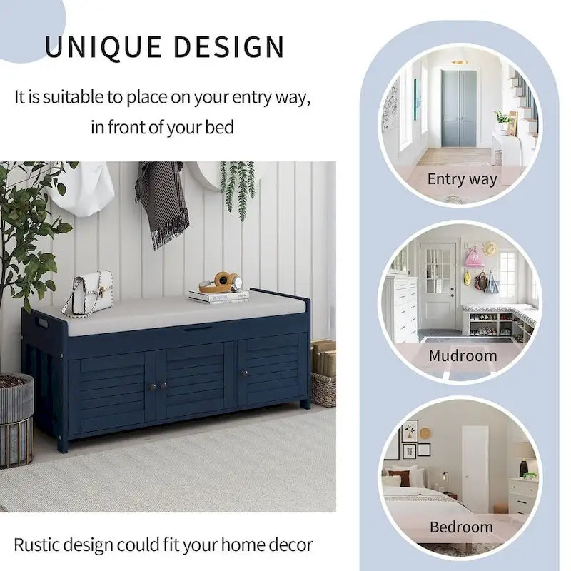 3-Door Upholstered Shoe Bench with Removable Cushion and Hidden Storage