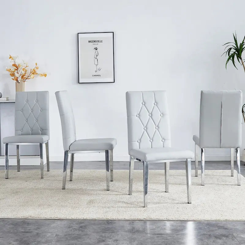 Armless Dining Chair with Grid Quilted Studded Backrest and Metal Legs