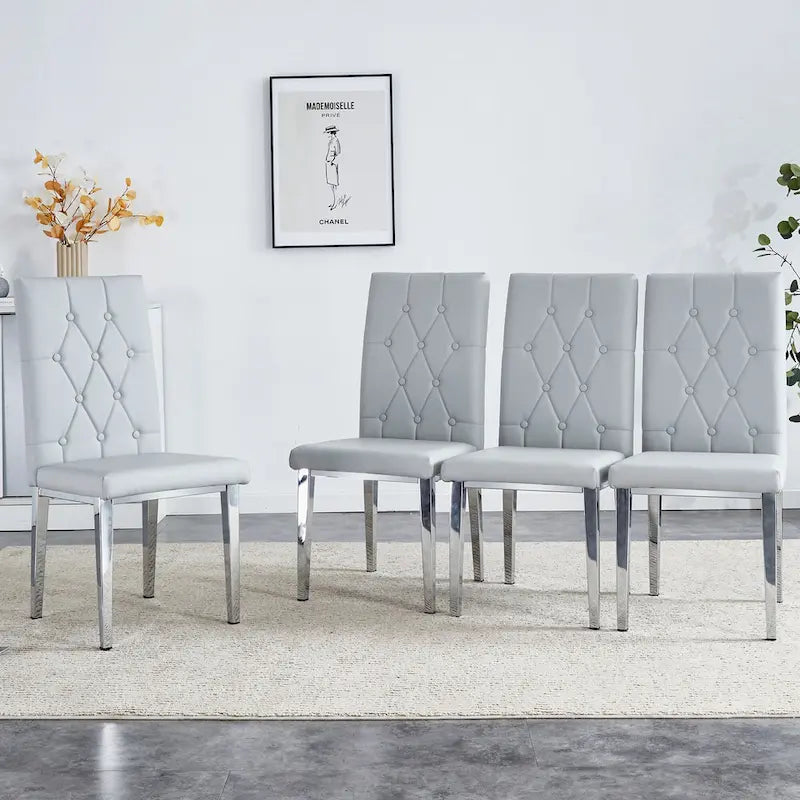 Armless Dining Chair with Grid Quilted Studded Backrest and Metal Legs