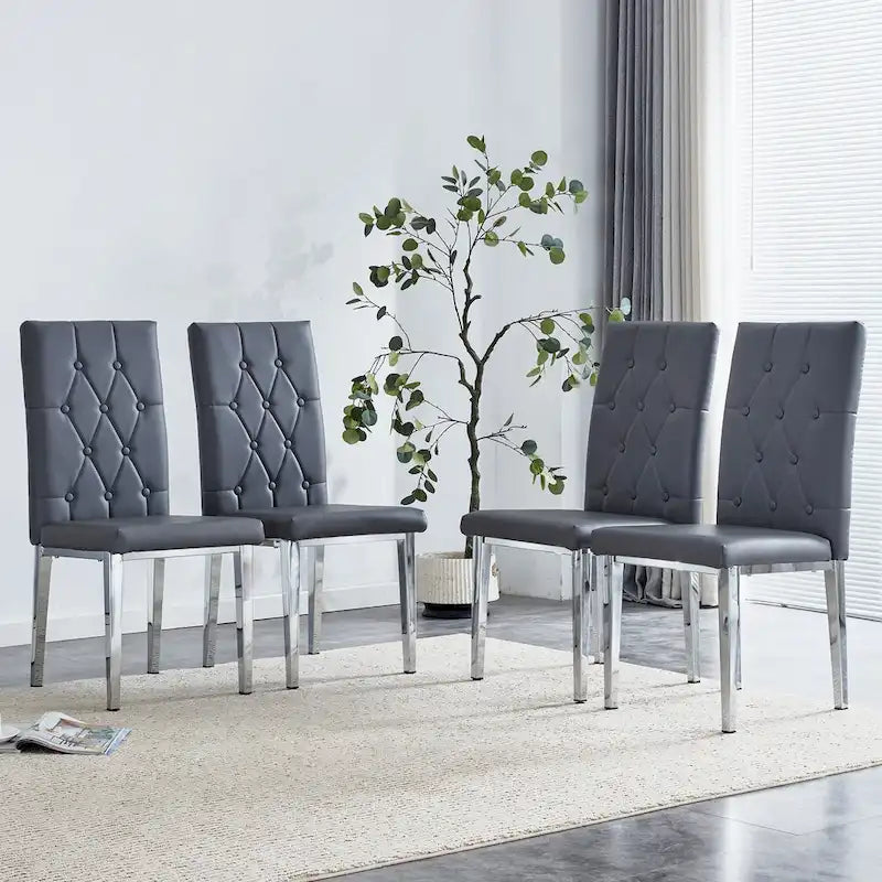Armless Dining Chair with Grid Quilted Studded Backrest and Metal Legs