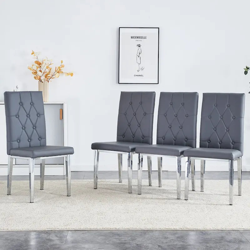 Armless Dining Chair with Grid Quilted Studded Backrest and Metal Legs