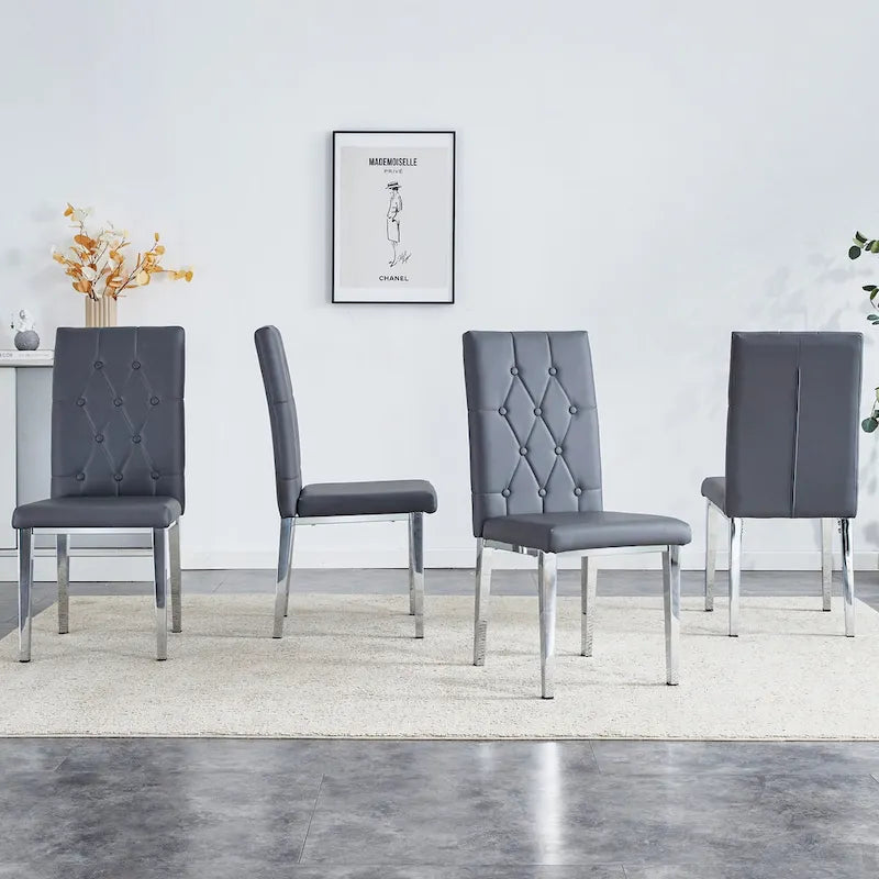 Armless Dining Chair with Grid Quilted Studded Backrest and Metal Legs