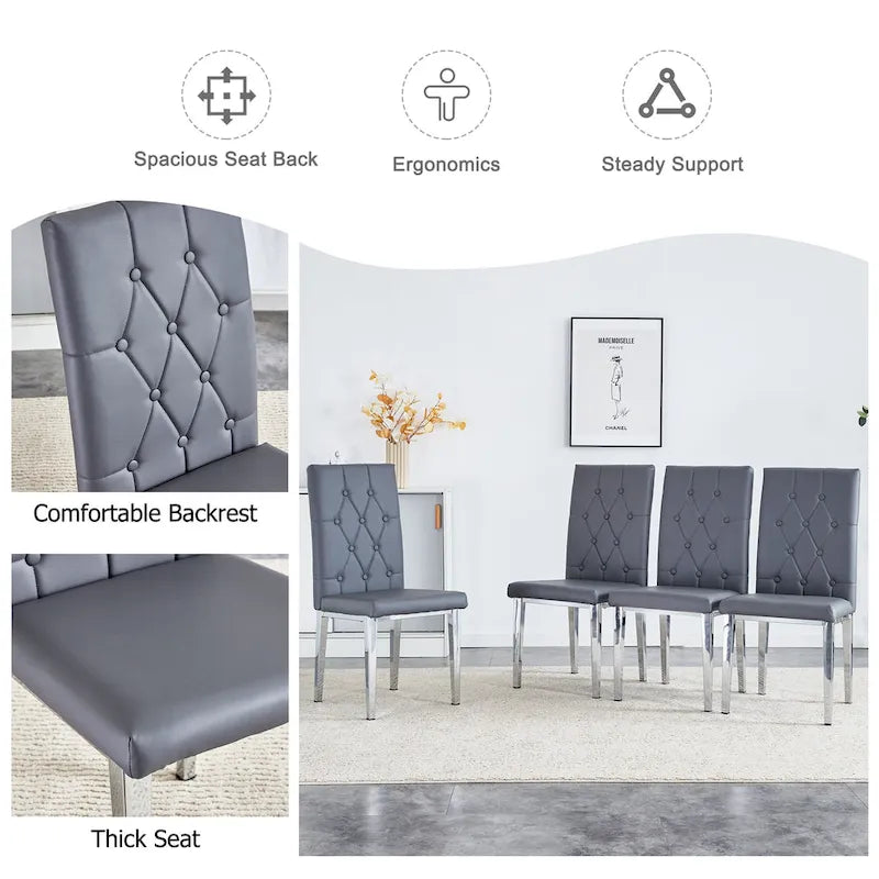 Armless Dining Chair with Grid Quilted Studded Backrest and Metal Legs