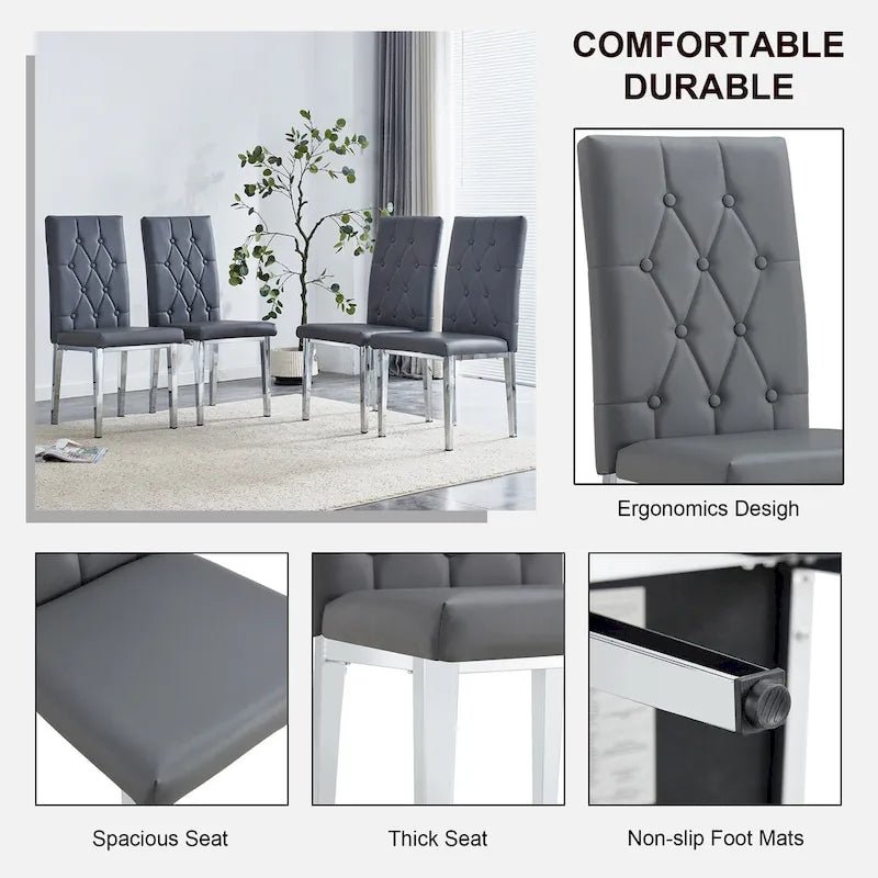 Armless Dining Chair with Grid Quilted Studded Backrest and Metal Legs