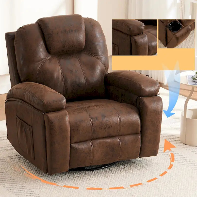 Fauteuil inclinable pivotant surdimensionné avec porte-gobelet et poche latérale