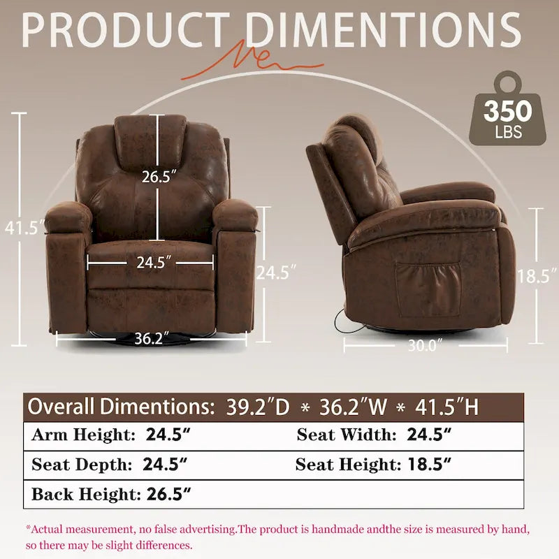 Fauteuil inclinable pivotant surdimensionné avec porte-gobelet et poche latérale
