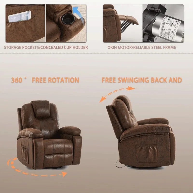 Fauteuil inclinable pivotant surdimensionné avec porte-gobelet et poche latérale