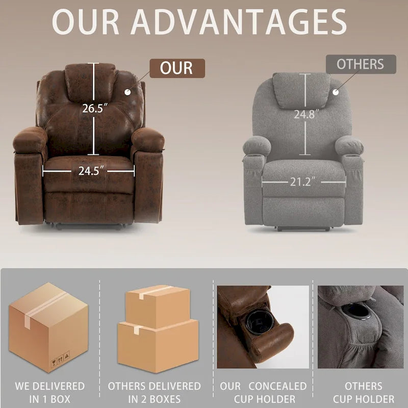 Fauteuil inclinable pivotant surdimensionné avec porte-gobelet et poche latérale