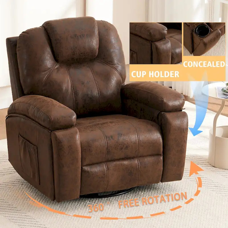 Fauteuil inclinable pivotant surdimensionné avec porte-gobelet et poche latérale