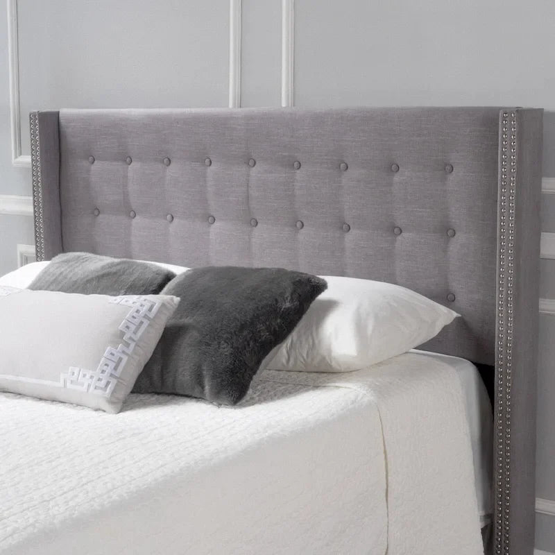Adjustable Full/Queen Wing-back Studded Fabric Headboard