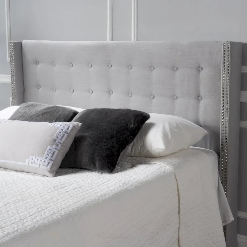 Adjustable Full/Queen Wing-back Studded Fabric Headboard