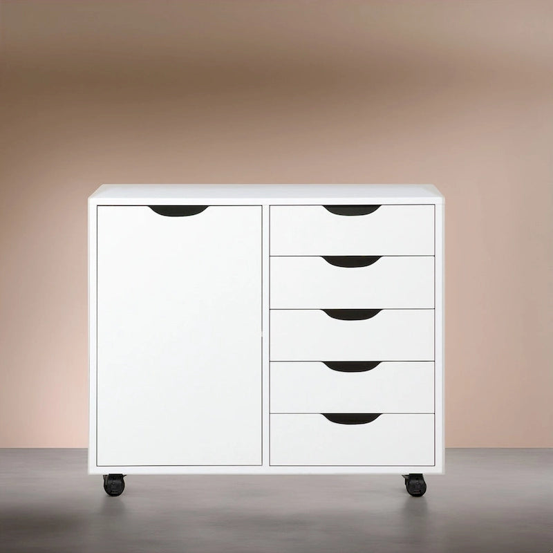 5-Drawer Wood Storage Cabinet with Wheels - Craft Organizer and Makeup Drawer Unit for Closet and Bedroom