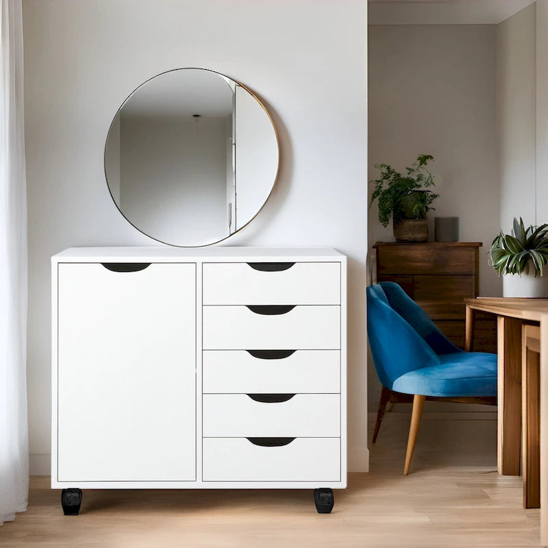 5-Drawer Wood Storage Cabinet with Wheels - Craft Organizer and Makeup Drawer Unit for Closet and Bedroom