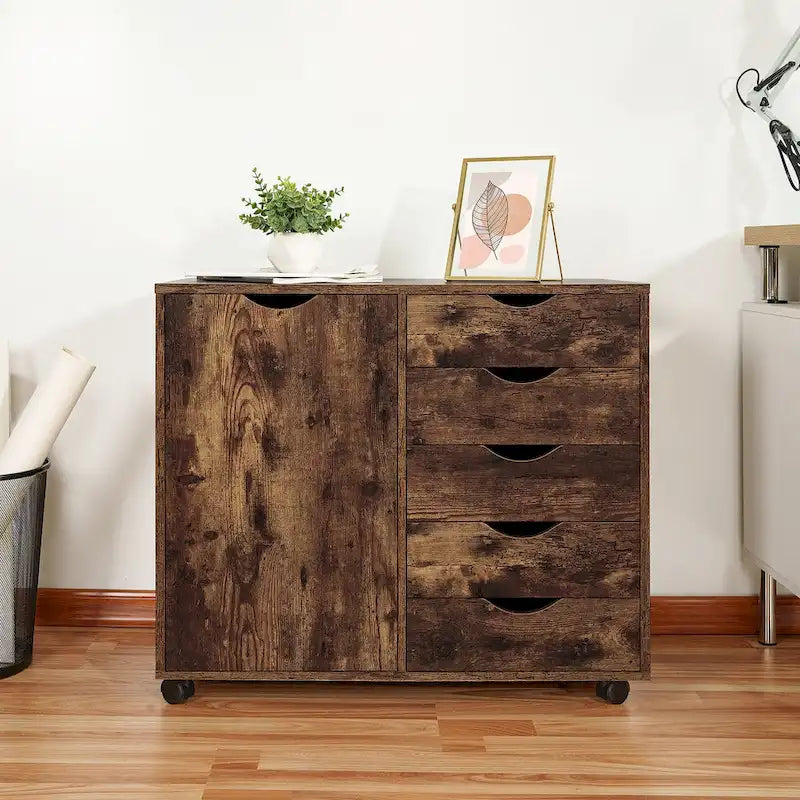 5-Drawer Wood Storage Cabinet with Wheels - Craft Organizer and Makeup Drawer Unit for Closet and Bedroom