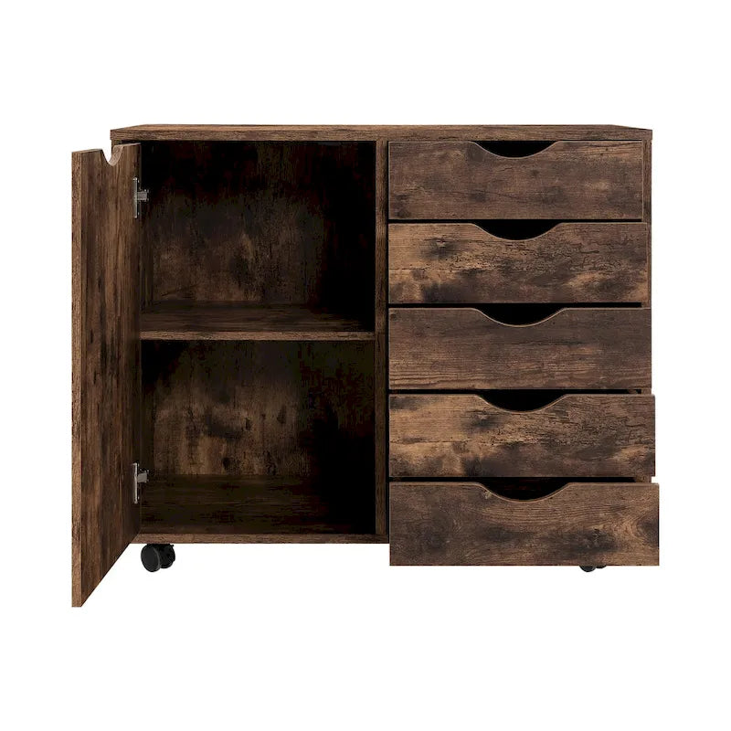 5-Drawer Wood Storage Cabinet with Wheels - Craft Organizer and Makeup Drawer Unit for Closet and Bedroom