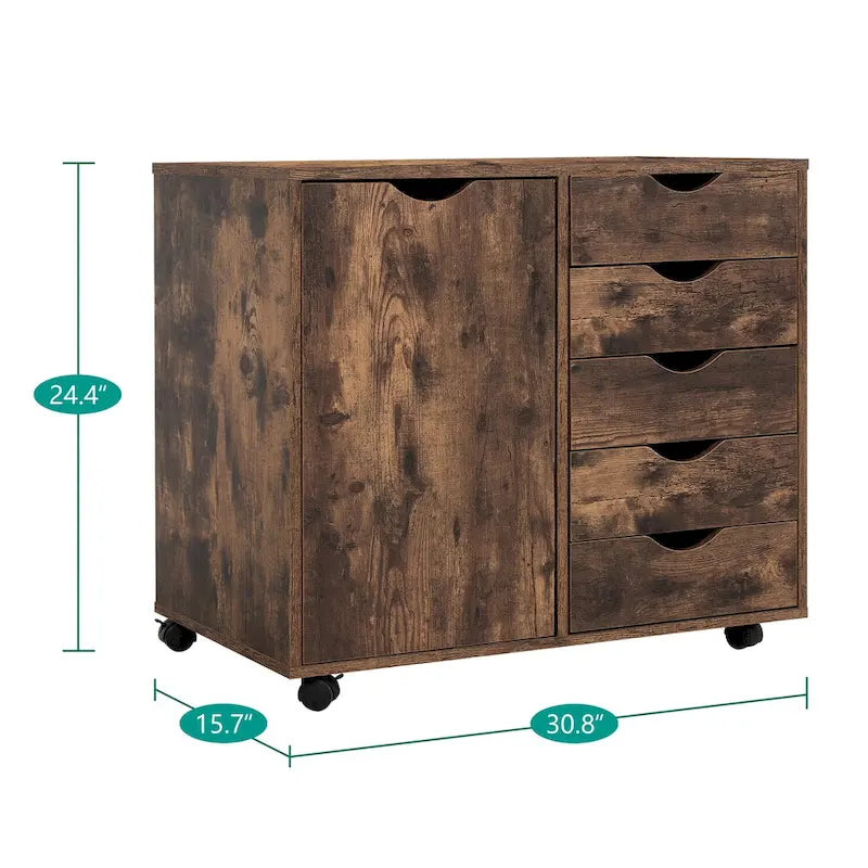 5-Drawer Wood Storage Cabinet with Wheels - Craft Organizer and Makeup Drawer Unit for Closet and Bedroom