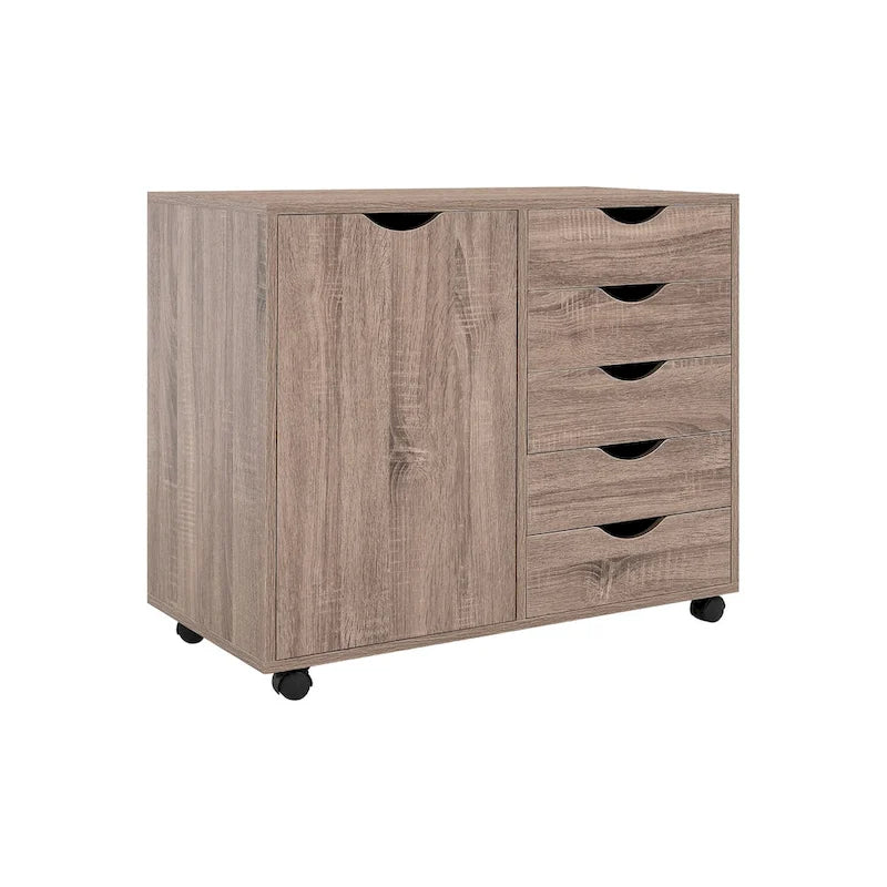5-Drawer Wood Storage Cabinet with Wheels - Craft Organizer and Makeup Drawer Unit for Closet and Bedroom
