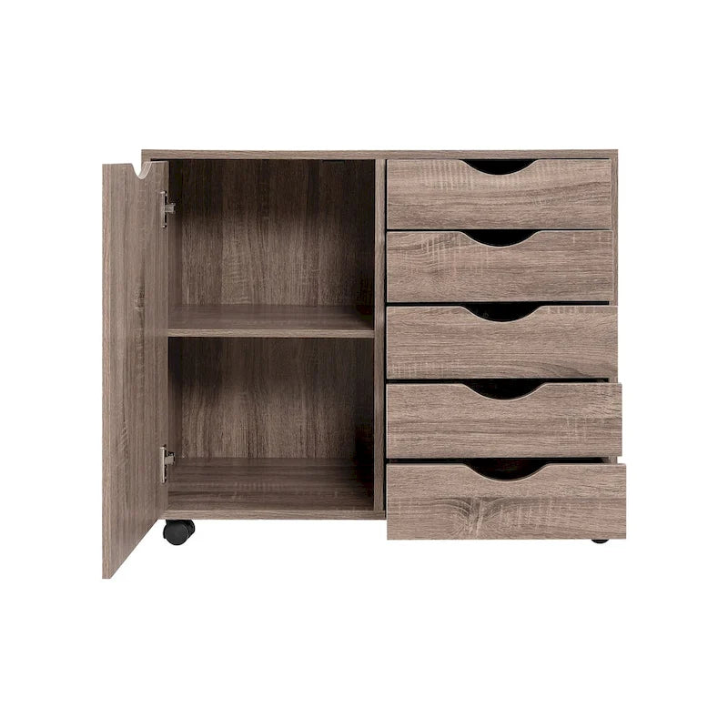 5-Drawer Wood Storage Cabinet with Wheels - Craft Organizer and Makeup Drawer Unit for Closet and Bedroom