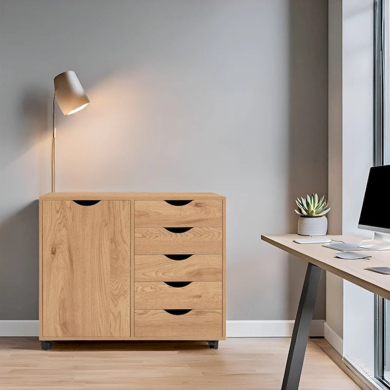 5-Drawer Wood Storage Cabinet with Wheels - Craft Organizer and Makeup Drawer Unit for Closet and Bedroom