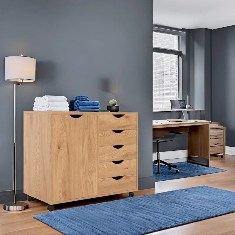 5-Drawer Wood Storage Cabinet with Wheels - Craft Organizer and Makeup Drawer Unit for Closet and Bedroom