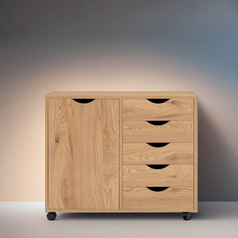 5-Drawer Wood Storage Cabinet with Wheels - Craft Organizer and Makeup Drawer Unit for Closet and Bedroom