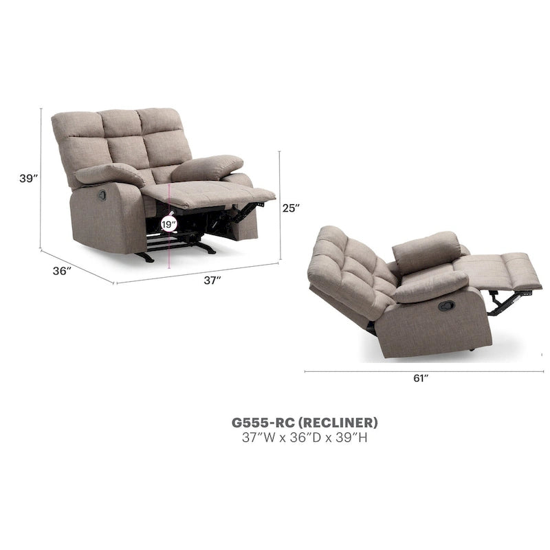 Fabric Upholstery Reclining Chair - 37L x 39W x 38H