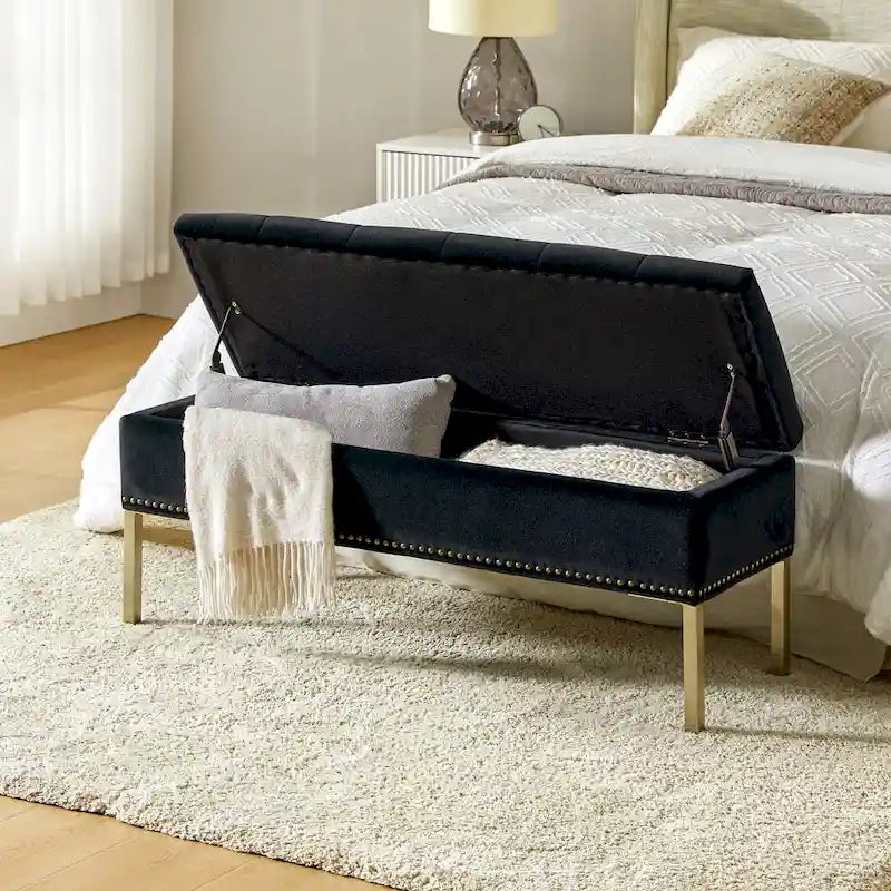 Contemporary Velvet Flip-Top Storage Bench