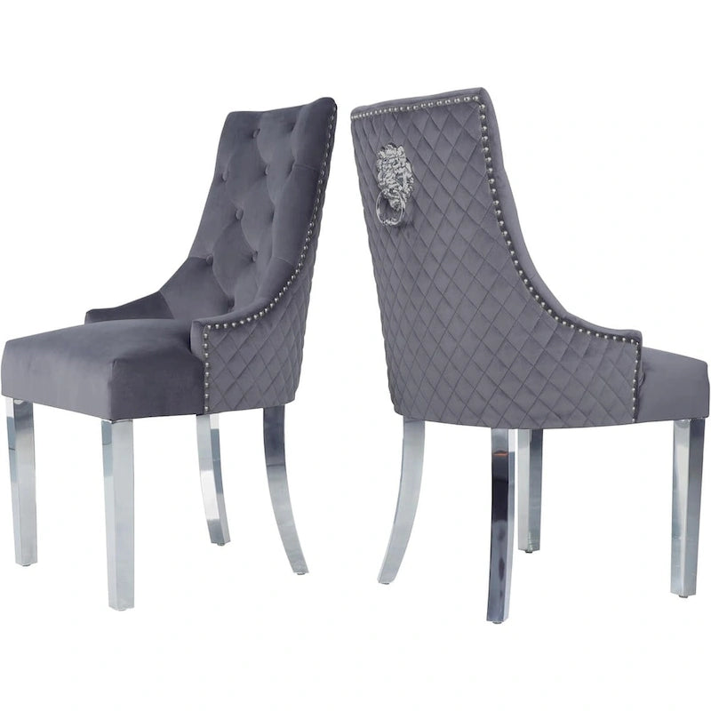 Velvet Dining Chair, Upholstered Tufted Nailhead Dining Room Chair with Stainless Steel Legs & Pull Ring