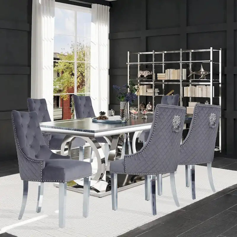 Velvet Dining Chair, Upholstered Tufted Nailhead Dining Room Chair with Stainless Steel Legs & Pull Ring