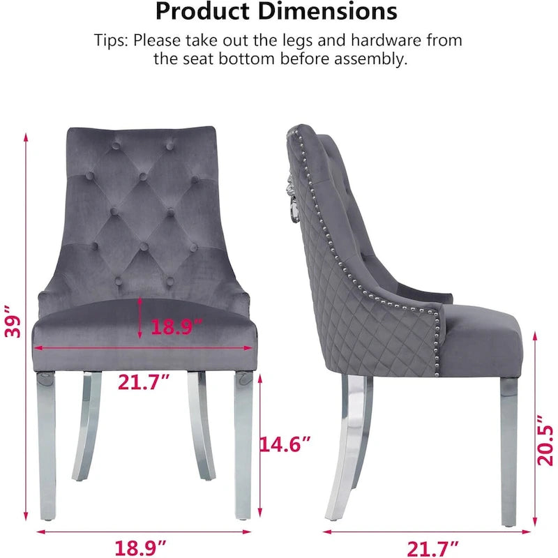Velvet Dining Chair, Upholstered Tufted Nailhead Dining Room Chair with Stainless Steel Legs & Pull Ring