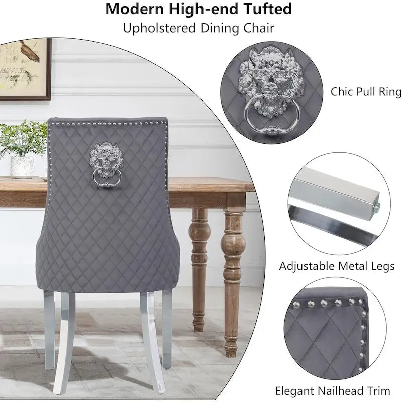 Velvet Dining Chair, Upholstered Tufted Nailhead Dining Room Chair with Stainless Steel Legs & Pull Ring