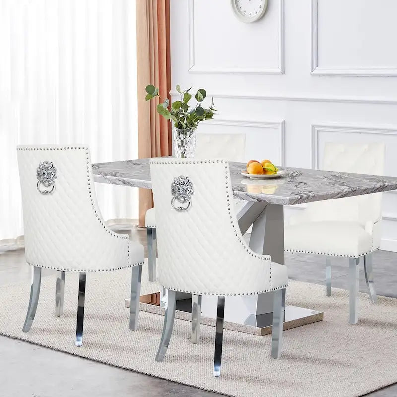 Velvet Dining Chair, Upholstered Tufted Nailhead Dining Room Chair with Stainless Steel Legs & Pull Ring