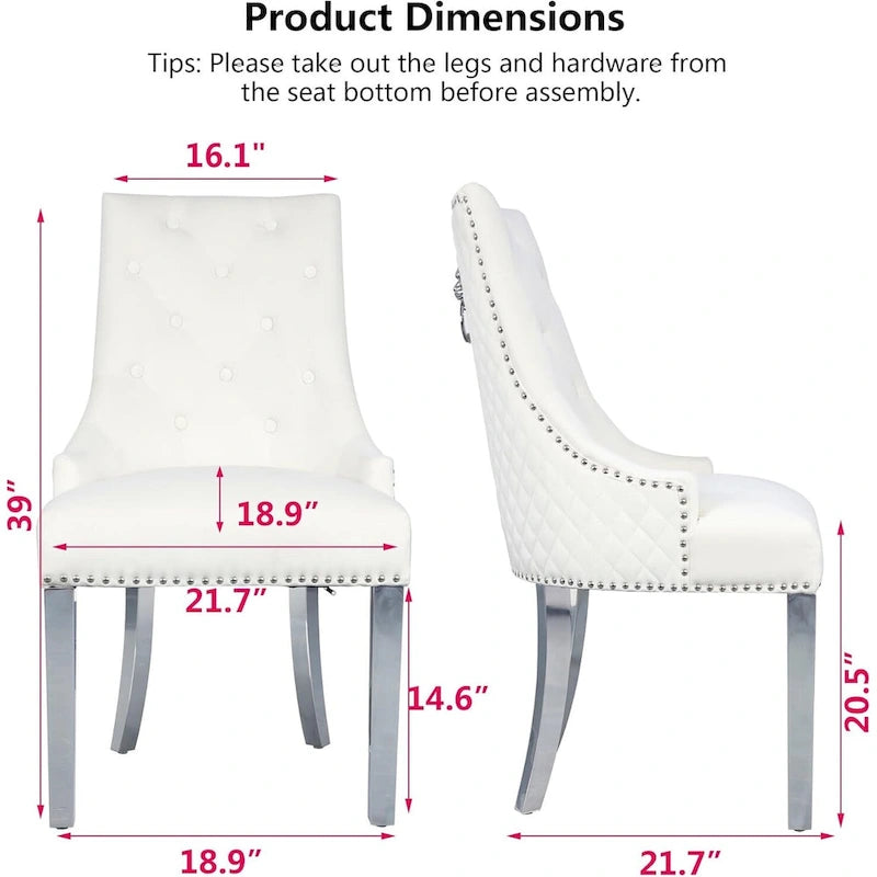 Velvet Dining Chair, Upholstered Tufted Nailhead Dining Room Chair with Stainless Steel Legs & Pull Ring